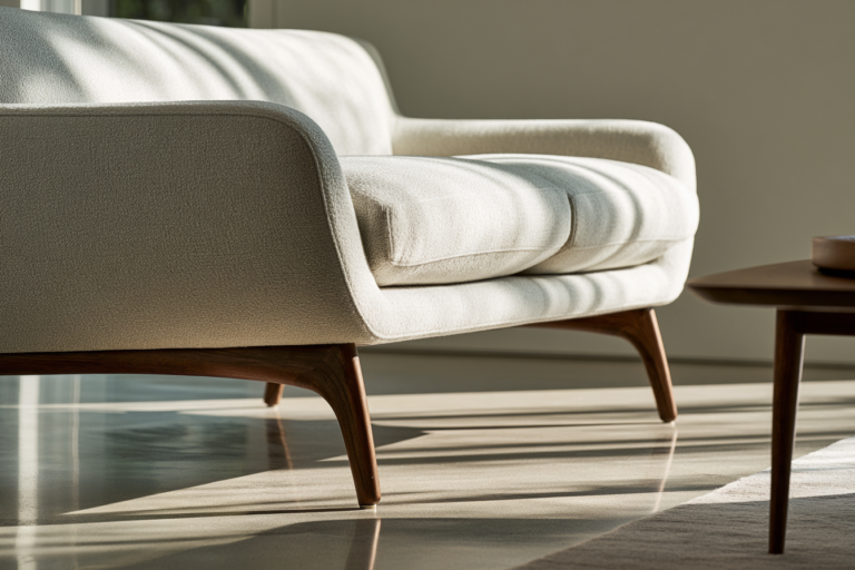 Elegancka i przestronna aranżacja pokoju dziennego gdzie główną rolę odgrywa sofa na wysokich nóżkach